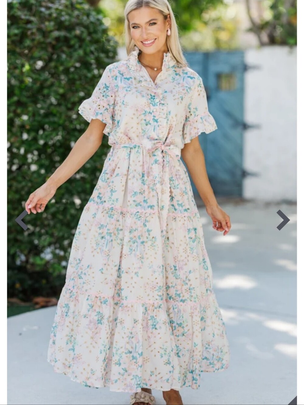 Floral Eyelet Tie-Waist Tiered Maxi Dress in Light Floral Size Medium
